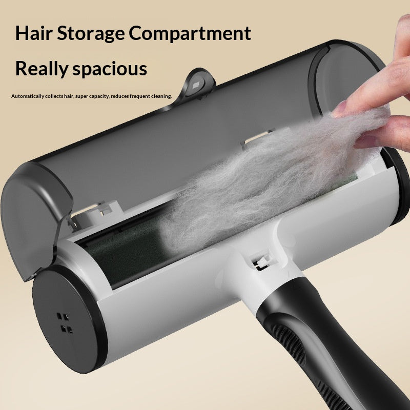 Black reusable pet hair remover roller lifting fur from fabric
