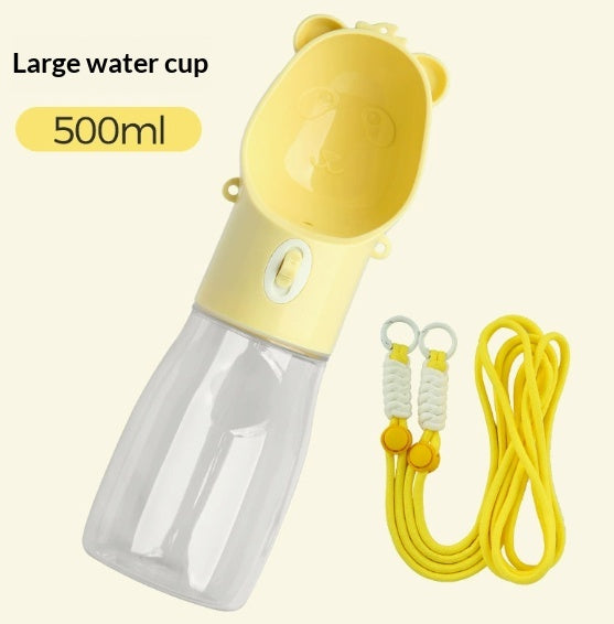 Yellow portable dog water bottle with flip-up drinking bowl